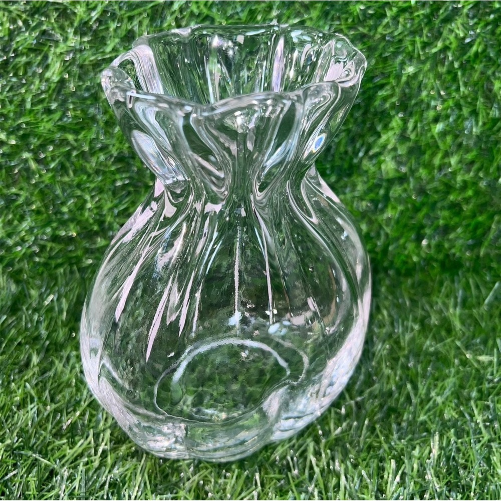 Clear Glass Drawstring Bag Pouch Vase Ruffled Rim Ribbed Texture 7in - Picture 2 of 14
